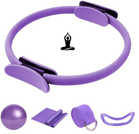 COONE Pilates Ring Set, Pilates Essentials Kit,Enthält Pilates Ring Yoga-Ball Yoga-Spanngurt Yoga-Hilfsgurt Yoga-Ring,Pilates Essentials Kit Für Frauen,Zur an Beinen,Armen Und Oberschenkeln (Purple)