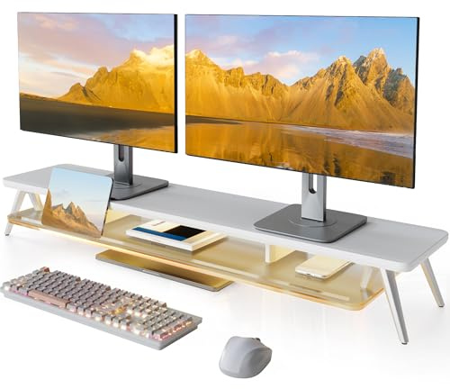 Fenge Monitor Stand, 108cm, LED Lights, for Laptop PC TV Desk, White | Switchable Colors, Dual-Device, Phone/Tablet/Pen Slot, Acrylic Shelf, Cable Mgmt, Alu M-Legs, Office Home Screen Printer