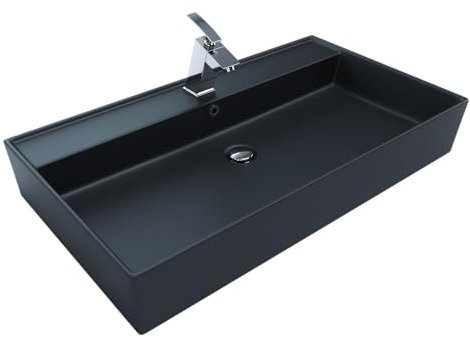 Design Waschtisch 80x45cm Schwarz Matt Waschbecken Aufsatzwaschbecken Keramikwaschbecken Waschplatz mit Armaturenloch und Überlauf