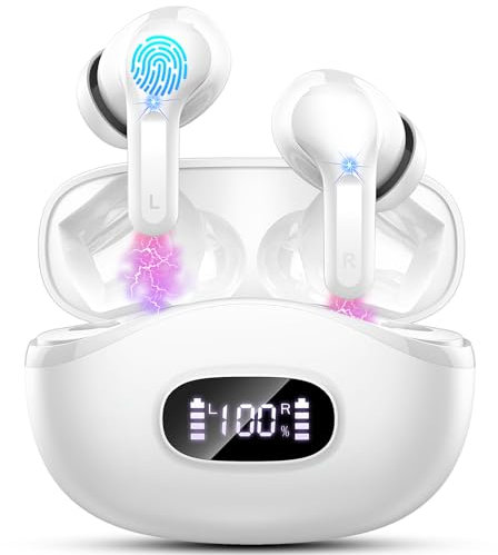 Auriculares Inalámbricos Bluetooth, Auriculares Bluetooth 5.3 HiFi Estéreo, Cascos Inalambricos con Altavoces de 14,2 mm, 40H ENC Reducción de Ruido Audifonos con 4 Mics, Pantalla LED, IP7, Blanco