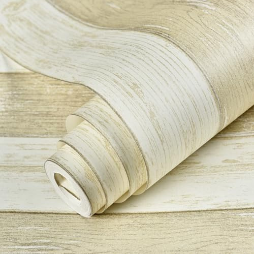 ESSMOKO Papier peint autocollant intissé 53 * 500 cm rayures méditerranéennes chaleureux chambre à coucher salon grain de bois jaune clair 53 * 500 cm
