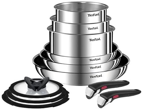 Tefal Ingenio Emotion Edelstahl-Kochgeschirr-Set, 11-teilig, Töpfe 16/18/20 cm, Pfannen 22/24/28 cm, 3 Glasdeckel, 2 Abnehmbare Griffe