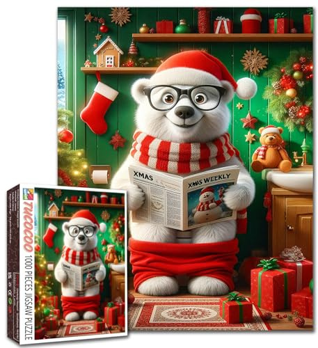 Weihnachtspuzzle mit süßem Eisbär, 1000 Teile, für Erwachsene, lustiges Tier auf Toilette, Puzzle, Weihnachtsdekoration mit abstrakter moderner Kunst, bunt, DIY-Bastelpuzzles für Familie