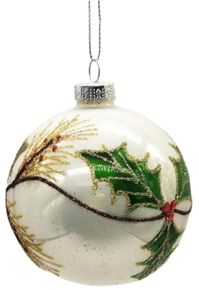 Viron Set 6 Palle di Natale Pendenti in Vetro Soffiato Bianco Lucido con Decoro Floreale Vischio Diametro 10 cm