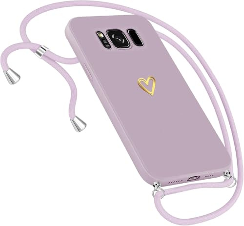 Handykette Hülle für Samsung Galaxy S8 Hülle mit Band Necklace, Herz Muster Handyhülle für Samsung Galaxy S8 Cover mit Kette mit Kordel zum Umhänge Band Ultradünn für Samsung S8 Silikonhülle (Lila)