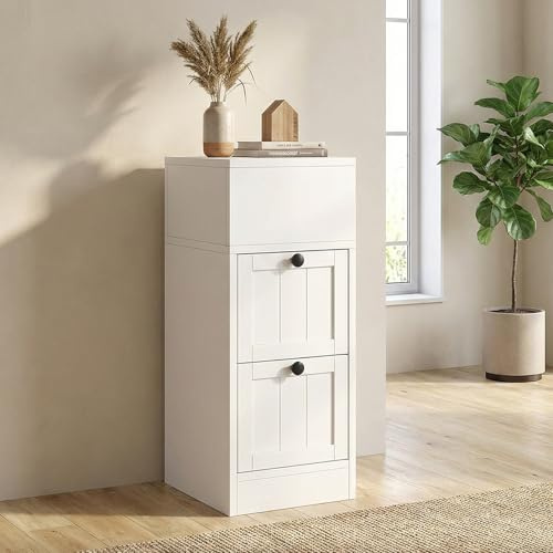 Feonase White Narrow Bedside Table with 2 Drawers & Open Compartment, Adjustable Slim Side Table for Small Spaces, Bedside Cabinet or End Table with Storage for Bedroom Living Room, 25x30x65cm