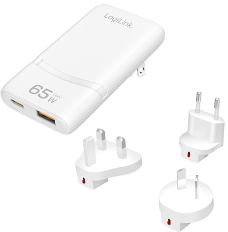 LogiLink Dual USB GaN-Reise Schnellladegerät (Galliumnitrid) mit 65W und 4-Fach Schutz für über 200 Länder in US/EU/UK/AU