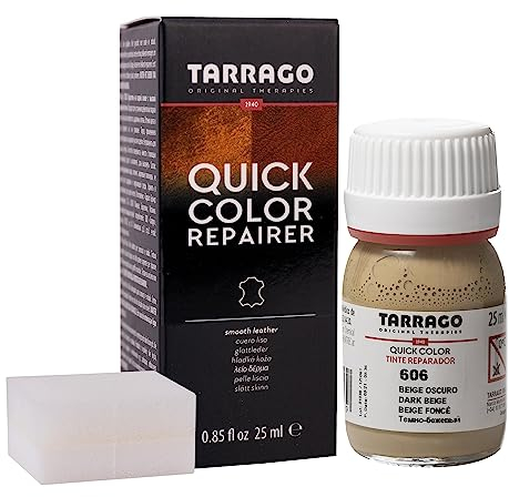 Tarrago | Quick Color 25 ml | Tinte Para Zapatos y Accesorios de Piel, Cuero Liso y Lona | Tintura de Secado Rápido Que Repara y Protege el Calzado de Pequeños Desgastes (Beige Oscuro 606)