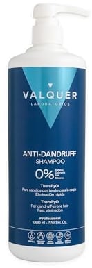 Valquer Zero% Formula Anti-Dandruff Shampoo with Immediate Action. Reduces itching and irritation and balances the scalp. With TheraPyOl, Piroctone Olamine, Panthenol, and Vitamin E. Vegan. 1 L.