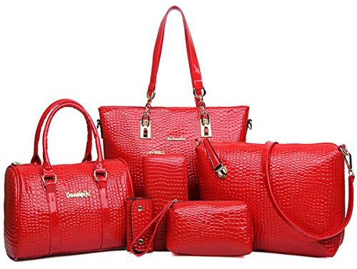 FiveloveTwo Damen 6-teiliges Set mit Crossbody Tasche und Geldbörsen PU Leder Schultertasche Shopper Tragetaschen Umhängetasche Geldbeutel Tote Taschen Clutches Rot