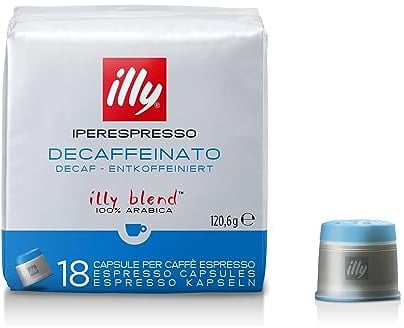illy, Iperespresso Kapseln ENTKOFFEINIERT: 100 % Arabica mit Noten von Karamell, Schokolade und Geröstetem Brot, Koffeinfrei, Harmonischer Geschmack; 6 Packungen à 18 Kapseln (Insgesamt 108 Kapseln)