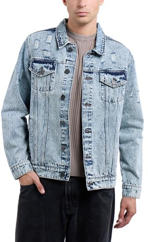 X RAY Mens Denim Jacket, Washed Ripped Distressed Flex Stretch Casual Trucker Biker Jeans Jacket for Men, Acid Blue - Ripped, X-Large