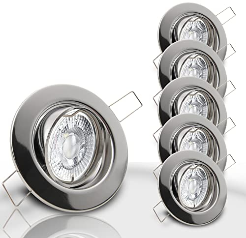 trendlights24 Decora Decken Einbaustrahler flach 35 mm 230V 5er Set - LED Spots je 5W Warmweiß 400lm austauschbar Chrom glänzend schwenkbar 68 mm