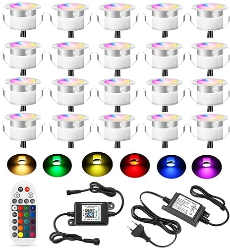 SUBOSI 20er Bluetooth RGB Led Bodeneinbaustrahle Aussen 0.5W Ø45mm IP67 Wasserdicht LED Einbaustrahler Terrasse Küche Garten Led Lampe Full Kit