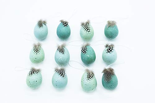 HEITMANN DECO - Behang-Eier mit Feder - 12er Set - Osterdeko - ca. 4 x 4 x 6 cm, Blau/Mint