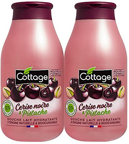 Cottage Gel Douche Lait Hydratant Cerise Noire et Pistache - 97% d'Ingrédients d'Origine Naturelle - lot de 2 * 250ml