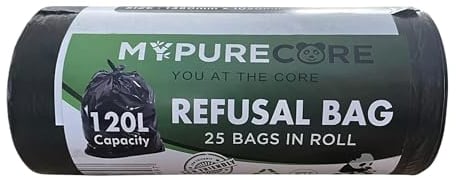 MYPURECORE Black Bin Bags 120L - 25 Pack Heavy Duty Refuse Sacks, Strong and Durable for Home & Business, Large Capacity Heavy Duty Bin Liners, Black Rubbish Bags, Ideal for Kitchen and Garden Waste