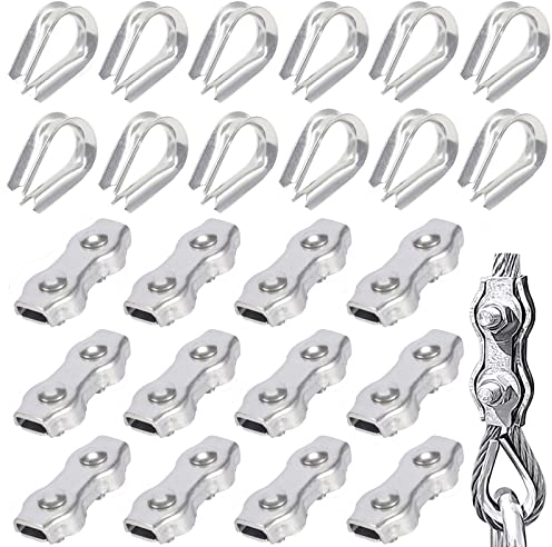 YUforest 24 Stück Rostfrei Seilklemme Duplex Klemme Edelstahl für Drahtseile Wäscheleinen Festen Terrassen Hängenden (12 Seilklemme,12Kauschen),Silber