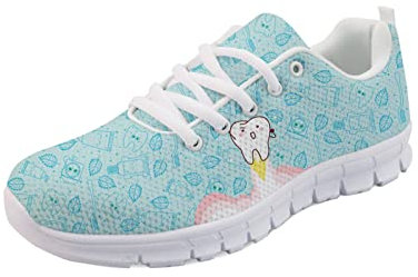 HUGS IDEA Cartoon-Zahn-Turnschuhe für Damen und Herren, Babyblaue Zähne, Zahnarzt, Minzblätter, niedliche Sneaker, Lauftraining, Sporttrainer, Größe 40, Hellblaue Zähne, 40 EU