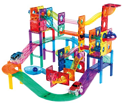 PicassoTiles 108pc 2-in-1 Murmelbahn Auto Rennbahn Combo Magnetische Fliesen PicassoToys Magnet Baustein Pädagogische Konstruktion Spielzeug Spielset STEM STEAM Lernen Kit Kind Gehirn Entwicklung