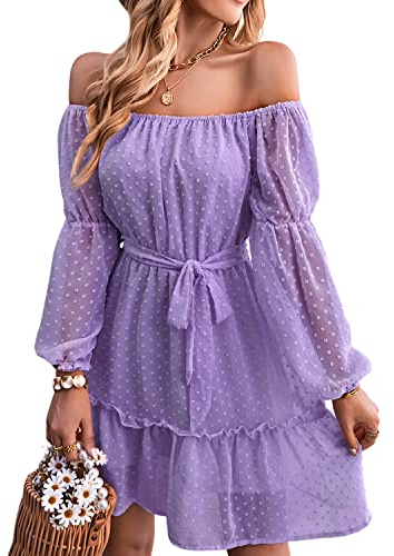 BebreezChic Kleid Damen Elegant Langarm Off Shoulder Einfarbig Swiss Dot Luftig Sommerkleid Minikleider Partykleid Strandkleid mit Gürtel, Violett S