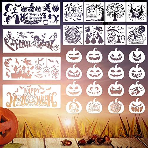 lyfLux 28 Stück Halloween-Malschablonen-Set, wiederverwendbare Kürbis-Schnitzschablonen, für Halloween-Dekoration, Bars, Spukhäuser, Wände, DIY künstlerische Gestaltung, sicheres PET-Material