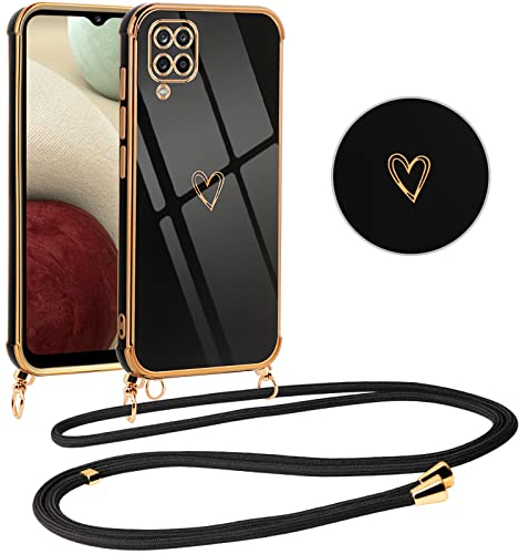 Vauki Handykette fr Samsung Galaxy A12/M12/A12 Nacho - Hlle mit Band, Handyhlle Silikon Schwarz mit Herz Motiv, Ultra Dnn Stofeste Aesthetic Case mit Kordel zum Umhngen - Lanyard Case fr 6.5'' Telefon