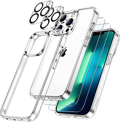 JETech 5 in 1 Case for iPhone 13 Pro Max 6.7-Inch, with 2-Pack Screen Protector and Camera Lens Protector, Non-Yellowing, Full Coverage Tempered Glass Film, Shockproof Bumper Phone Cover (Clear)