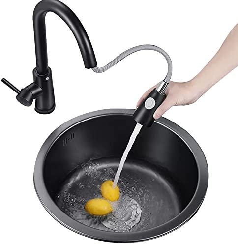 CHEMYO Fregadero Redondo Negro Fregadero de Acero Inoxidable Fregadero de Barra Redonda Fregadero de lavandería para balcón Incluye Grifo y Accesorios