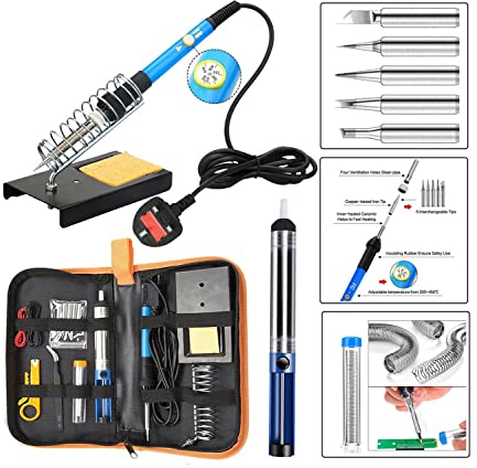 True Face Soldering Iron Kit, 15 in 1, 60W, Adjustable Temp 200-450°C, ON/Off Switch, Welding Gun, Desoldering Pump, 5 Tips, Stand, Cleaning Sponge, Tweezers, Wire Stripper Cutter, Carry Bag