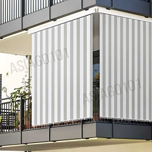 Toldo de sombreo casa Oficina con Kit Ganchos Anillas Tejido Resistente antidesgarros para Exterior Porche balcón Puerta Ventana jardín cenador Lavable Color Gris y Blanco a Rayas 145 x 250 cm (9)