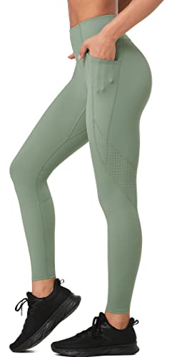 Yvette Workout-Leggings für Frauen, hohe Taille, Bauchkontrolle, Yogahose mit Taschen, nicht durchsichtig, Po-Lifting Strumpfhose, Grün , Groß
