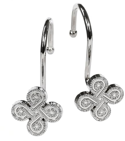 Gancho de Cortina de baño de Metal de Trébol de Cuatro Hojas: Anillo de Barra de Ducha de Metal antioxidante - Gancho de baño Decorativo de Flores Retro y trébol de Cuatro Hojas - Juego de 12 Piezas