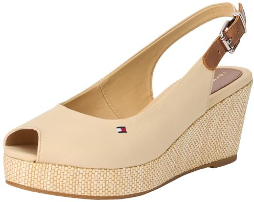 Tommy Hilfiger Sandales Compensées Femme Iconic Elba Sling Back Talon Compensé, Beige (Harvest Wheat), 40