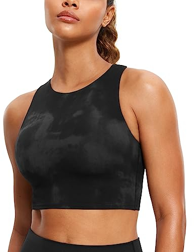 CRZ YOGA Damen Butterluxe Racerback Sport BH Gepolstert Ohne Bügel Crop Tops Longline Yoga Tank Top Fitness Sports Bra Schwarze Tie-Dye-Blumen 40