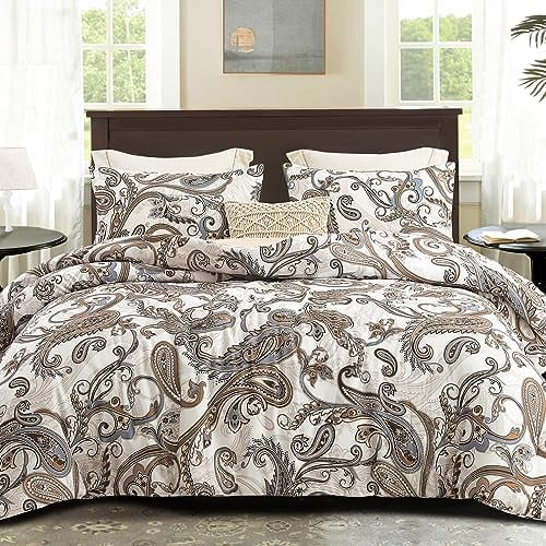 Whale Flotilla Bettdecke in 220x230 cm, Atmungsaktive und Superweiche Steppdecke Schlafdecke für 4-Jahreszeiten mit 2 Kissenbezügen, Beige Paisley