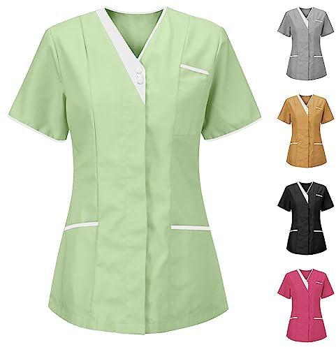 Kasacks Damen Pflege Günstig Einfarbig Kurzarm V-Ausschnitt T-Shirt Tops mit Taschen Schlupfhemd Arbeitsuniform Pflegebekleidung Krankenpfleger Uniform Pflegeheim Nurse Berufskleidung XXXL
