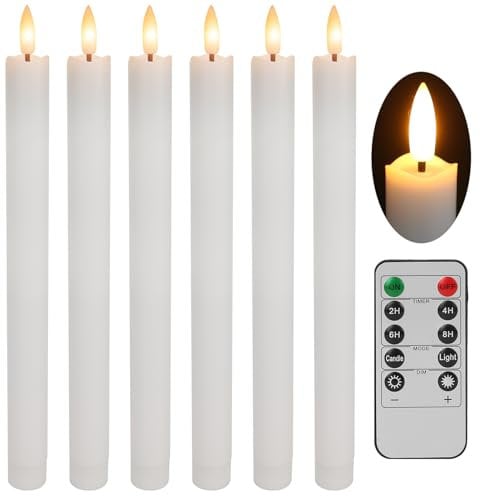NAKIHOUSE Flameless Taper Candles Flickering with 10-Key Remote, Battery Operated Led Warm 3D Wick Light Window Candles Pack of 6, Christmas Home Wedding Decor(0.7 X 10.6 Inch)