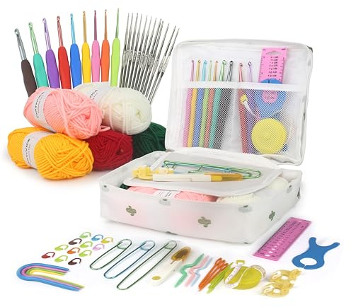 OPTIVICE Crochet Kit for Beginners Adults – 30+ Piece Set with Ergonomic Crochet Hooks (0.6–6.0 mm), Yarn, Accessories & Storage Case – Knitting & Crochet Starter Kit for Kids & Adults (White)