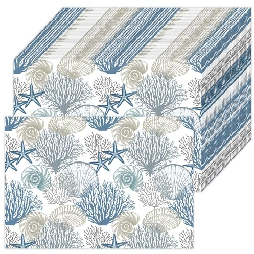 Tarklanda Ozean Korallen Papier Platzsets 50 Stück Tropisches Strand Papier Tischsets Muscheln Seesterne Einweg Platzsets 40 x 28 cm Sommer Saisonal Dekorative für Küche Esstisch Party
