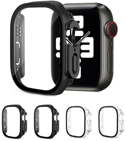 AOTUAO 4 Piezas Funda Compatible con Apple Watch Ultra 2 1 49mm, Estuche Rígido Delgado PC Protector de Pantalla Cristal Templado para iWatch Ultra 2 1 49mm (2 Negro + 2 Transparente)