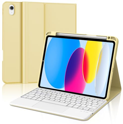IVEOPPE Hülle mit Tastatur für iPad A16 11 Generation 2025/10 Generation 2022, Bluetooth Magnetische Tastatur für iPad 11./10. Gen (11/10.9 Zoll) Con Touchpad, QWERTZ Layout Keyboard, Gelb