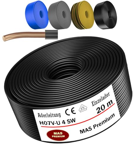 MAS Premium 5-100m Aderleitung Eindrähtig H07 V-U 4 6 10 16 Einzelader starr (H07 V-U 4 SW, 20m)
