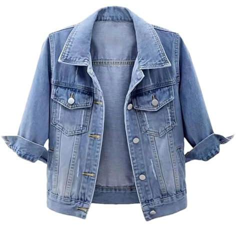 ZouoYYii Women's Spring Summer Tops Denim Jacket - Half Sleeve, Collared, Distressed, Cropped, Washed Coat