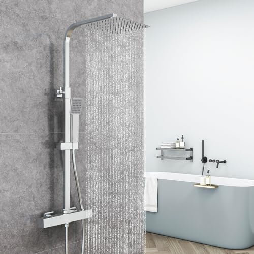 AICAIT Colonne Doccia Termostatiche, Miscelatore Termostatico Doccia con Soffione 25x25cm in Acciaio Inox, e Rubinetto 300x45mm, Altezza Regolabile 764-1184mm, Cromato Lucido