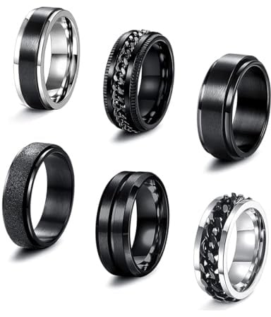 KALVICA 6 Pcs Fidget Spinner Ring Set for Men Stainless Steel Waterproof | Anxiety Rings for Stress Relief, Smooth Silent Spin,Waterproof Silver Black Cool Cuban Link Ring Jewelry gift for Men Women