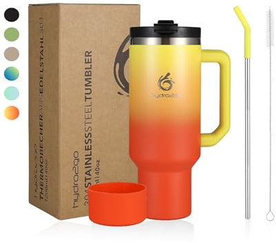 hydro2go Mug with Straw – Keeps Drinks hot for 10 Hours, Cold for 12 – Dishwasher Safe, BPA-Free – Travel Mug for hot & Cold Drinks (Sun, 1200 ml)