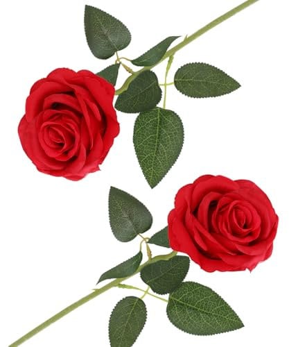 arrderly 2 rose artificiali rosse, rose artificiali con stelo, fiori decorativi realistici per matrimoni, casa, giardino, feste di compleanno (rosso)