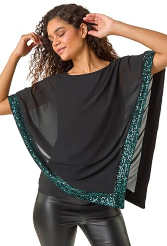 Roman Sequin Hem Overlay Stretch Top for Women UK Ladies New Year NYE Party Blouse Sparkly Glitter Shiny Autumn Winter Tunic Round Chiffon Cape Going Out Special - Emerald - Size 10
