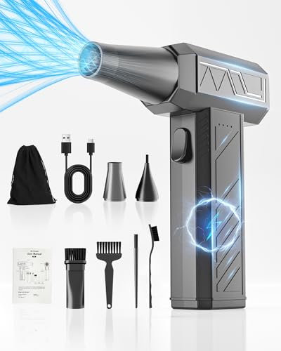 FLOWood Elektrische Staubgebläse Druckluftspray，3-Gang 180000 U/min，Compressed Air Duster Turbo Gebläse mit 10000mAh Akku，Mehrzweck-Jet-Lüfter,für PC Reinigungsset, Tastatur,Auto,Sofa,Silbrig